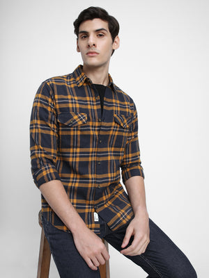 Men's Regular Collar Slim Fit Checks Ochre Casual Shirt