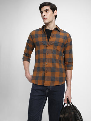 Men's Regular Collar Regular Fit Checks Grey Casual Shirt