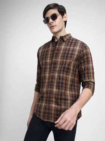 Men's Regular Collar Slim Fit Checks Khaki Casual Shirts