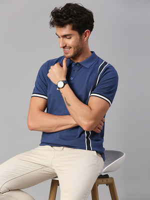 Men's Pure Cotton Striped Half Sleeves Polo T-Shirt (Blue)