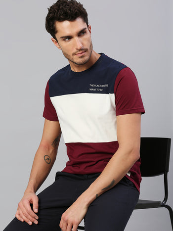 Men's Pure Cotton Color Block Half Sleeves Crew Neck T-Shirt (Blue)