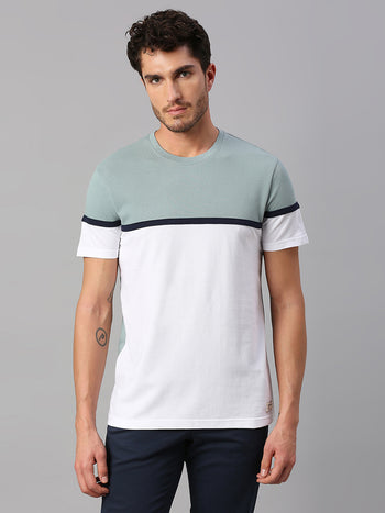 Men's Pure Cotton Color Block Half Sleeves Crew Neck T-Shirt (White)