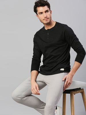 Men's Pure Cotton Solid Full Sleeves Henley T-Shirt (Black)