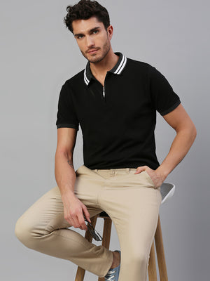 Men's Pure Cotton Solid Half Sleeves Polo T-Shirt (Black)