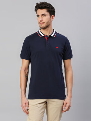 Men's Pure Cotton Solid Half Sleeves Polo T-Shirt (Navy)
