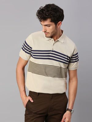 Men's Pure Cotton Striped Half Sleeves Polo T-Shirt (Grey)