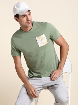 Men's Soft And Stretchy Fabric Olive Casual Crew Neck Tshirt