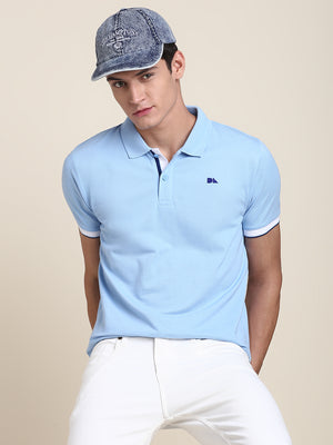 Men's Blue Solid Polo Collar T-Shirt