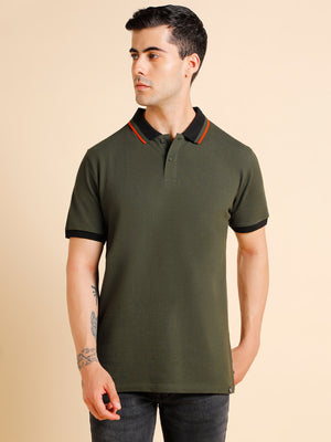 Men's Slim Fit  Solid Olive Polo T-Shirt