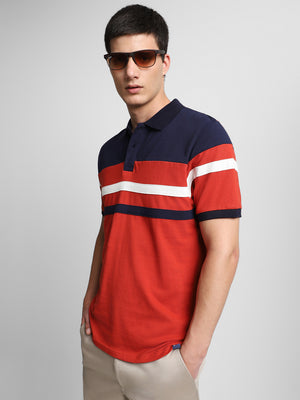 Men's Cotton Red Colorblocked Polo T-Shirt