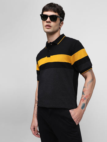 Men's Cotton Black Color-Blocked Polo T-Shirt