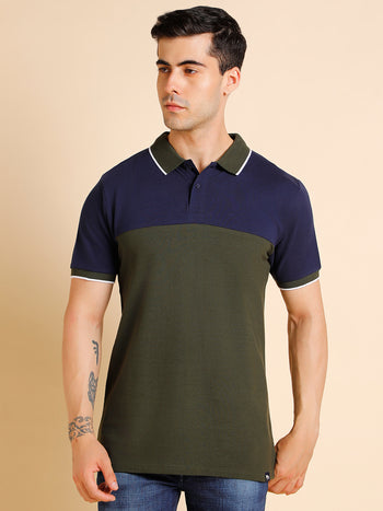 Men's Slim Fit  Colorblocked Olive Polo T-Shirt