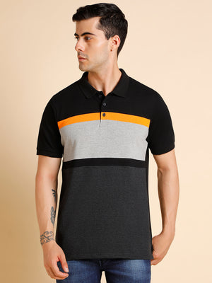 Men's Slim Fit  Colorblocked Black Polo T-Shirt