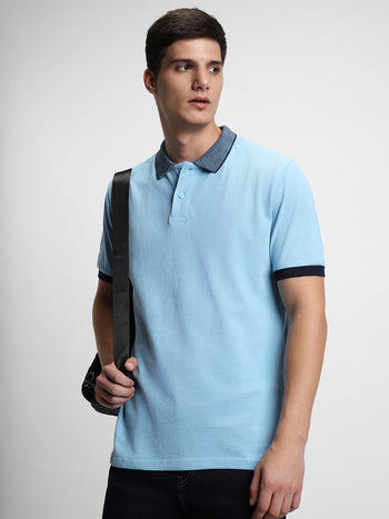Men's Spread Collar Regular Fit Solid Light Blue T-shirt