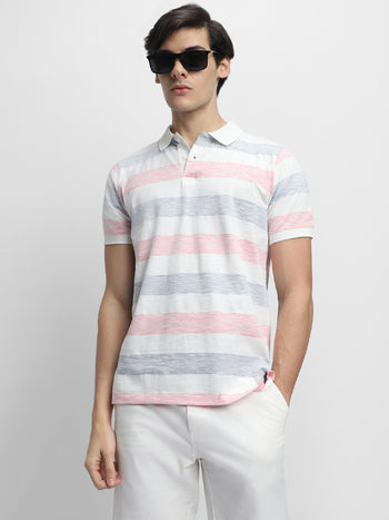 Men's Spread Collar Regular Fit Stripes Blue T-shirt