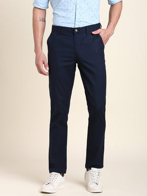 Men's Navy Solid Linen Trouser