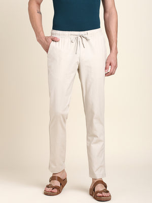 Men's Beige Solid Linen Trouser