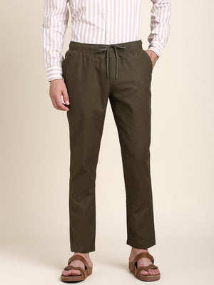 Men's Dark Olive Solid Linen Trouser