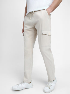 Men's Cream-Coloured Slim Fit Cargos Trousers