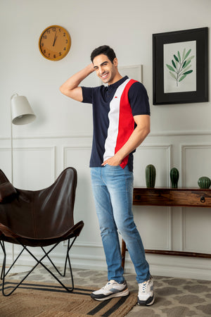 Men's Casual Slim Fit Polo Neck T-Shirt Half Sleeves Color Block Pattern Stylish Pure Cotton Polos