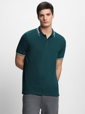 Men's Spread Collar Regular Fit Solid Teal T-shirt