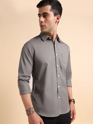 Men's Spread Collar Regular Fit Solid Beige Casual Shirts