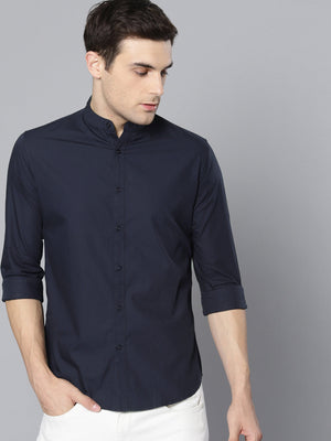 Men's Solid Darkblue Slim Fit Cotton Casual Shirt