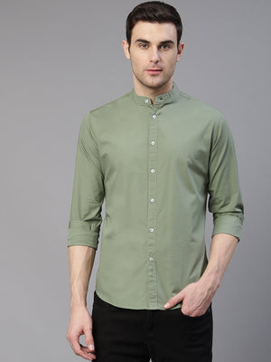 Men's Cotton Solid Mandarin Collar Slim Fit Casual Shirt