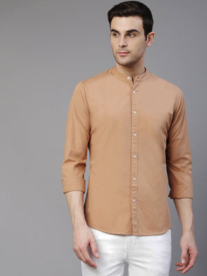 Men's Solid Camel Brown Slim Fit Cotton Casual Shirt