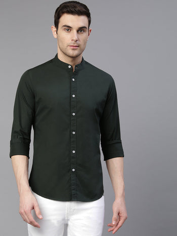 Men's Cotton Solid Mandarin Collar Slim Fit Casual Shirt
