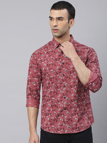Men's Pink Comfort Slim Fit Floral Printed Pure Cotton Casual Shirt
