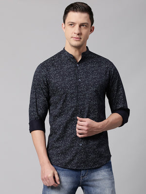 Men's Navy Blue Slim Fit Printed Casual Shirt