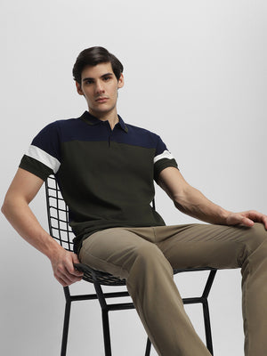 Men's Spread Collar Slim Fit Colorblock Olive T-shirt