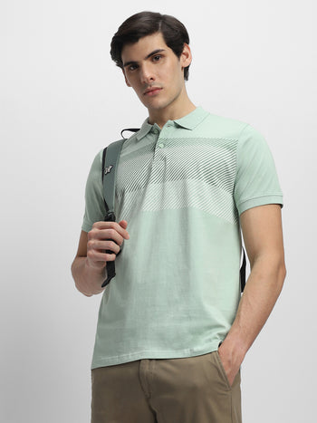 Men's Spread Collar Regular Fit Stripes Green T-shirt