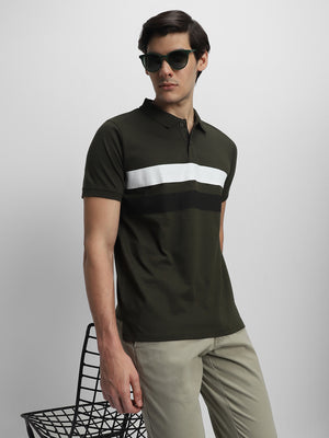 Men's Spread Collar Regular Fit Stripes Olive T-shirt