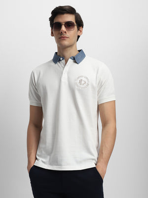 Men's Chambray Collar Regular Fit Solid White T-shirt