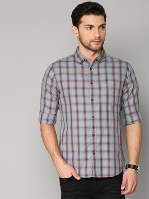 Men's Button Down Collar Slim Fit Checks Green Casual Shirt