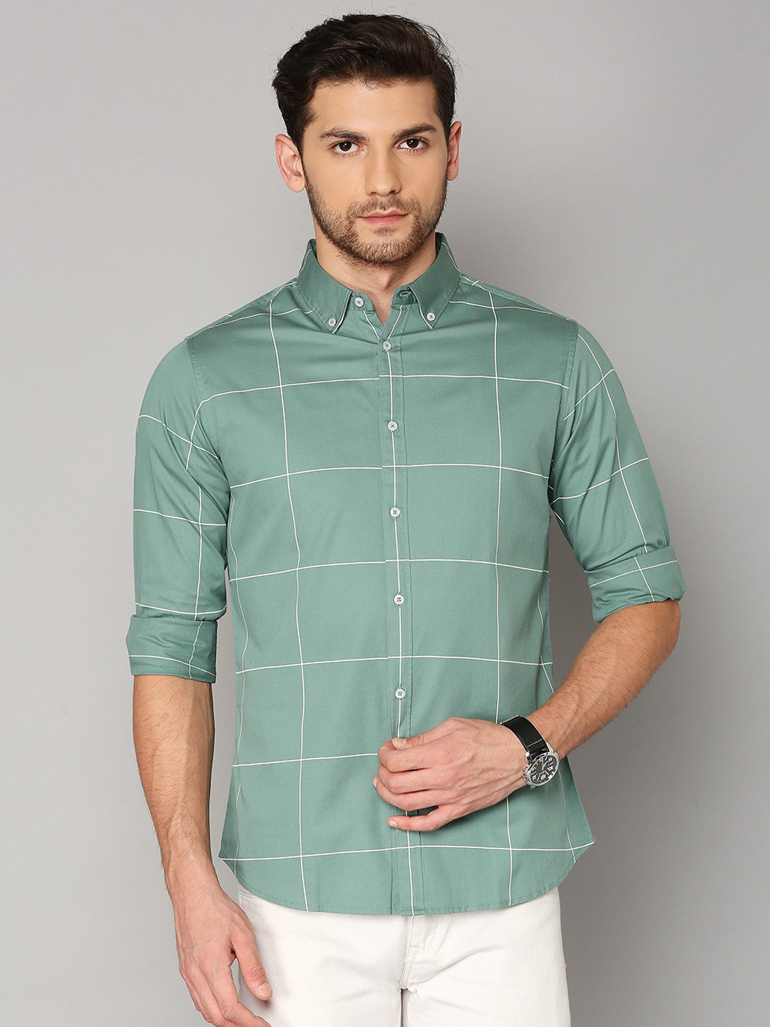 Men's Regular Collar Slim Fit Checks Navy Casual Shirt Green S