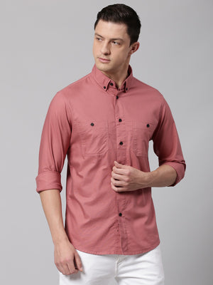 Men's Dusty Pink Button Down Collar Slim Fit Cotton Casual Shirt